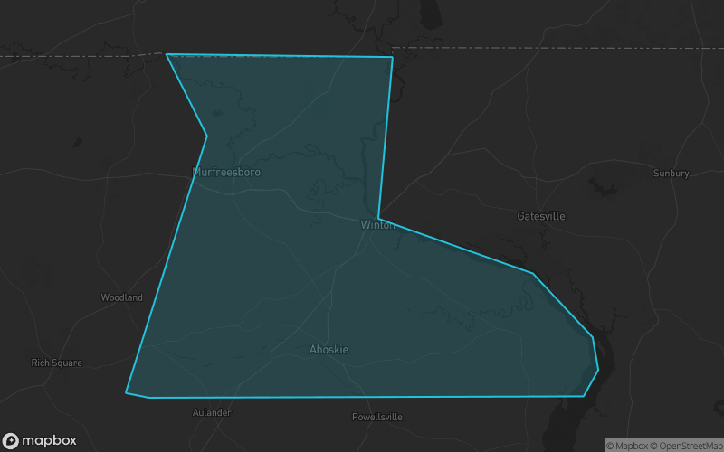 Map of Hertford County, North Carolina showing the county boundary and surrounding cities