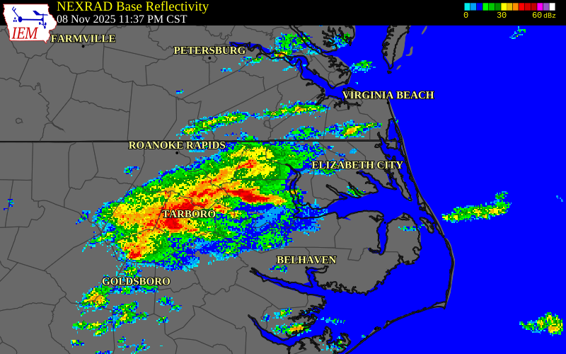 NEXRAD radar during the Sunday, November 9, 2025 storm activity in Hertford County, North Carolina