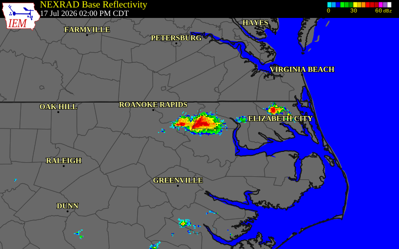 NEXRAD radar during the Friday, July 17, 2026 storm activity in Hertford County, North Carolina