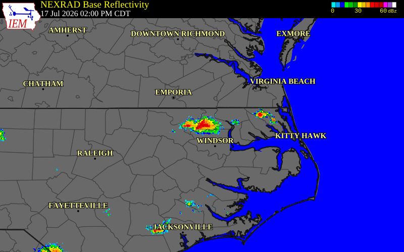 Radar snapshot during the Jul 17, 2026 wind event near Hertford County, Hertford County, North Carolina, with NWS warning polygons