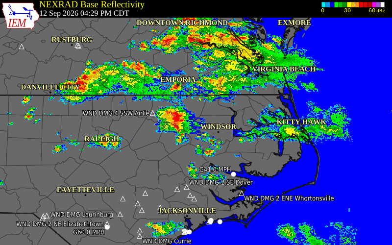 Current NEXRAD radar over Hertford County, North Carolina with recent storm report locations