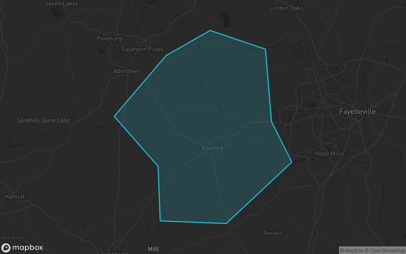 Map of Hoke County, North Carolina showing the county boundary and surrounding cities