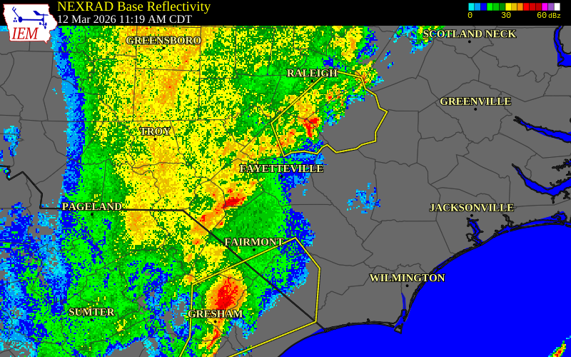 NEXRAD radar during the Thursday, March 12, 2026 storm activity in Hoke County, North Carolina