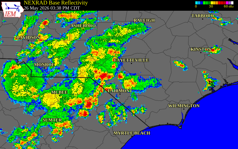 NEXRAD radar during the Tuesday, May 26, 2026 storm activity in Hoke County, North Carolina