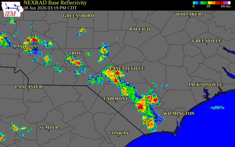 NEXRAD radar during the Monday, June 8, 2026 storm activity in Hoke County, North Carolina
