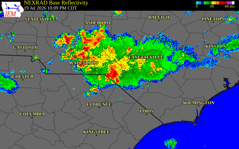 NEXRAD radar during the Sunday, July 19, 2026 storm activity in Hoke County, North Carolina