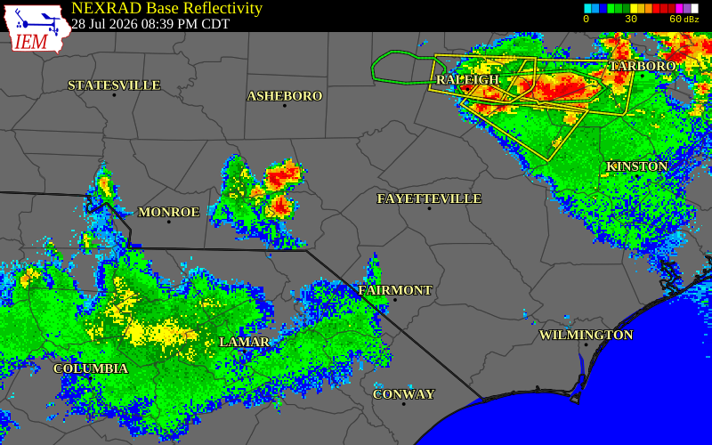 NEXRAD radar during the Tuesday, July 28, 2026 storm activity in Hoke County, North Carolina