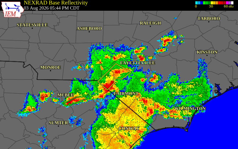 NEXRAD radar during the Monday, August 3, 2026 storm activity in Hoke County, North Carolina
