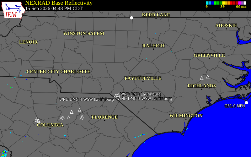 Current NEXRAD radar over Hoke County, North Carolina with recent storm report locations