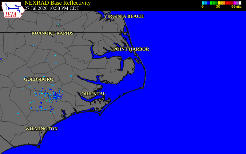 Radar snapshot during the Jul 27, 2026 wind event near Engelhard, Hyde County, North Carolina, with NWS warning polygons