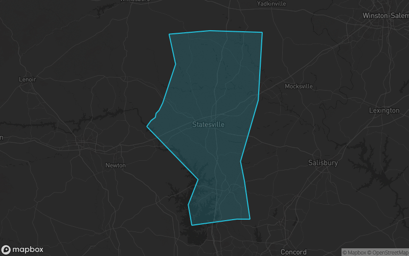 Map of Iredell County, North Carolina showing the county boundary and surrounding cities