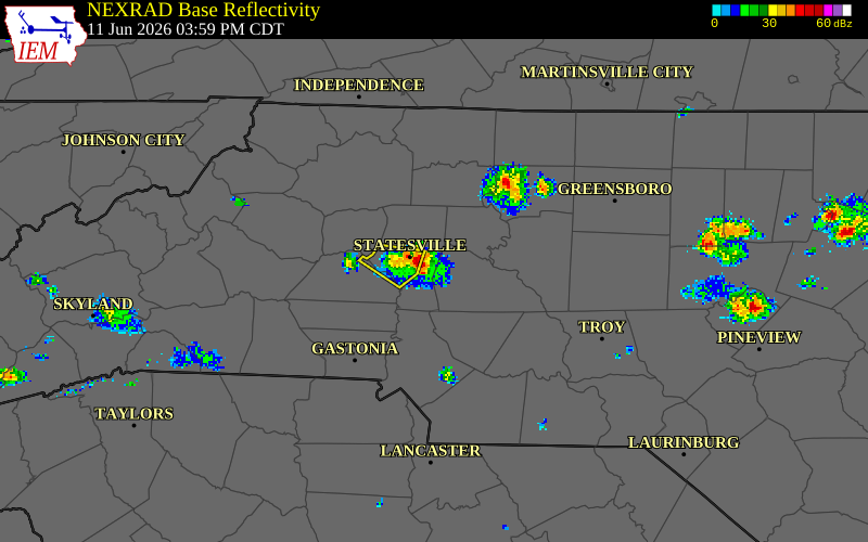 NEXRAD radar during the Thursday, June 11, 2026 storm activity in Iredell County, North Carolina