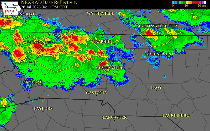 NEXRAD radar during the Tuesday, July 28, 2026 storm activity in Iredell County, North Carolina
