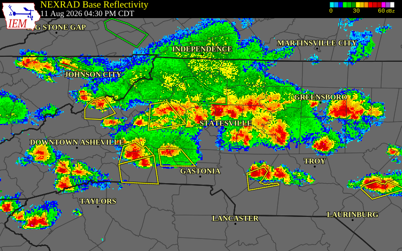 NEXRAD radar during the Tuesday, August 11, 2026 storm activity in Iredell County, North Carolina