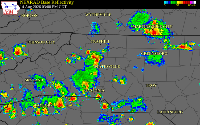 NEXRAD radar during the Friday, August 14, 2026 storm activity in Iredell County, North Carolina
