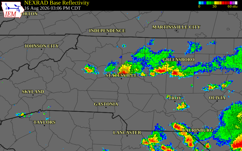 NEXRAD radar during the Sunday, August 16, 2026 storm activity in Iredell County, North Carolina
