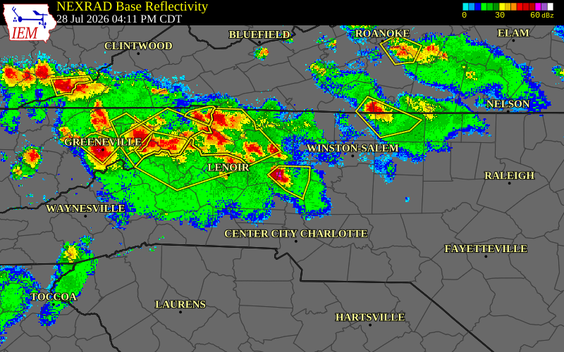 Radar snapshot during the Jul 28, 2026 hail event near 4 NE Stony Point, Iredell County, North Carolina, with NWS warning polygons