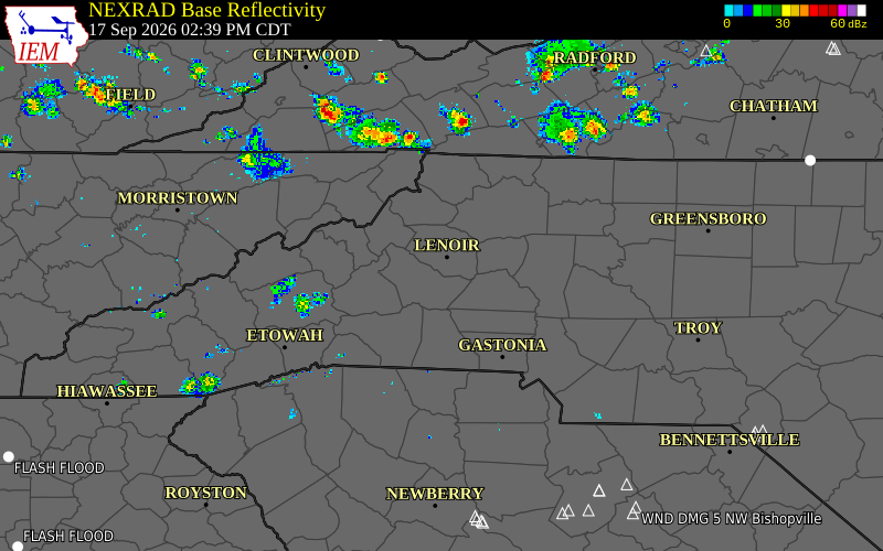 Current NEXRAD radar over Iredell County, North Carolina with recent storm report locations