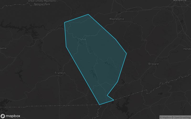 Map of Jackson County, North Carolina showing the county boundary and surrounding cities