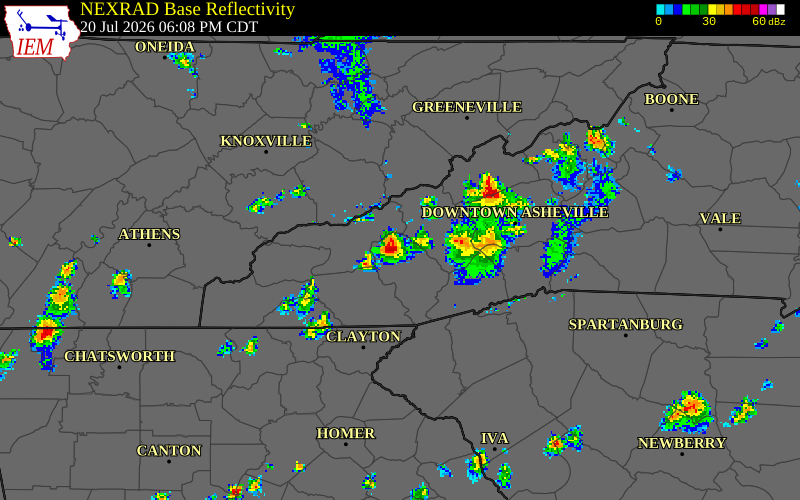 NEXRAD radar during the Monday, July 20, 2026 storm activity in Jackson County, North Carolina