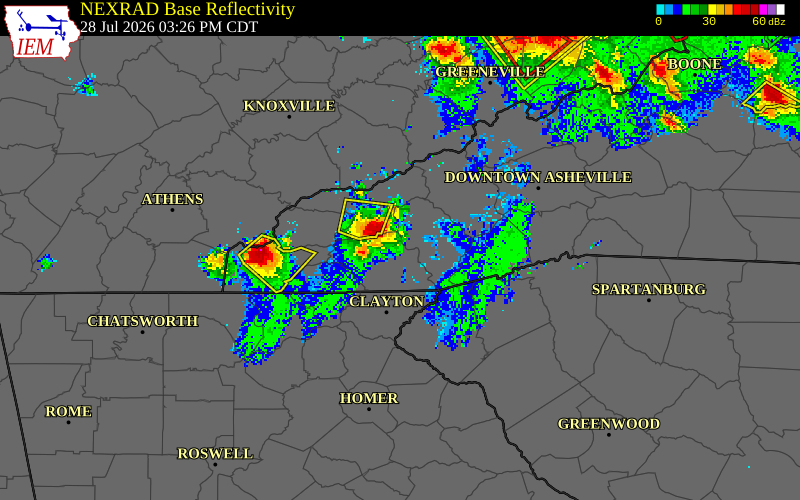 NEXRAD radar during the Tuesday, July 28, 2026 storm activity in Jackson County, North Carolina