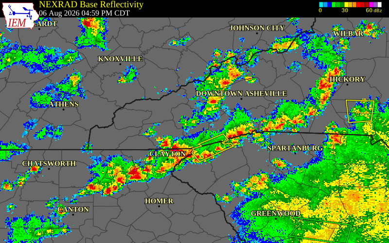 NEXRAD radar during the Thursday, August 6, 2026 storm activity in Jackson County, North Carolina