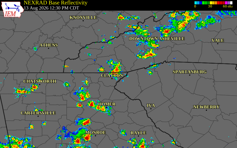 NEXRAD radar during the Thursday, August 13, 2026 storm activity in Jackson County, North Carolina