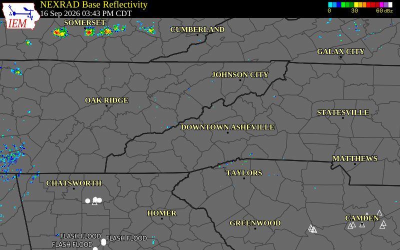 Current NEXRAD radar over Jackson County, North Carolina with recent storm report locations