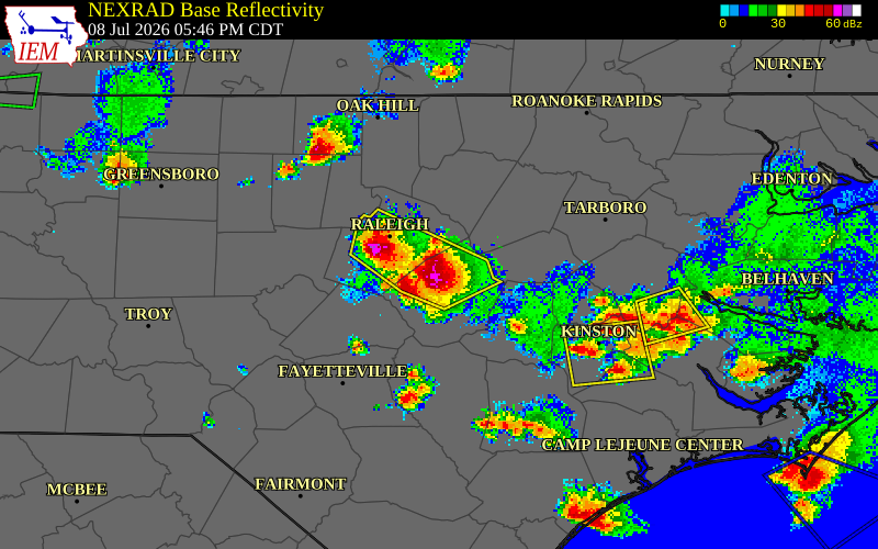 NEXRAD radar during the Wednesday, July 8, 2026 storm activity in Johnston County, North Carolina