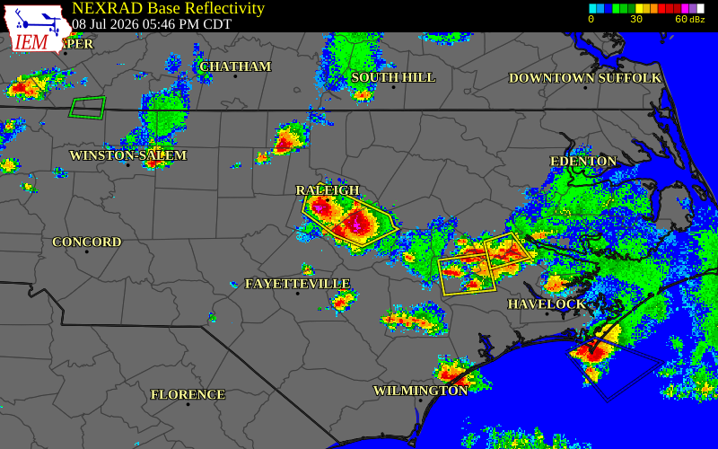 Radar snapshot during the Jul 8, 2026 hail event near 3 ESE Clayton, Johnston County, North Carolina, with NWS warning polygons