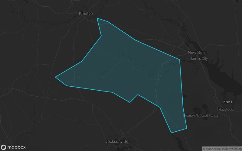 Map of Jones County, North Carolina showing the county boundary and surrounding cities