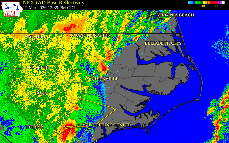 NEXRAD radar during the Thursday, March 12, 2026 storm activity in Jones County, North Carolina