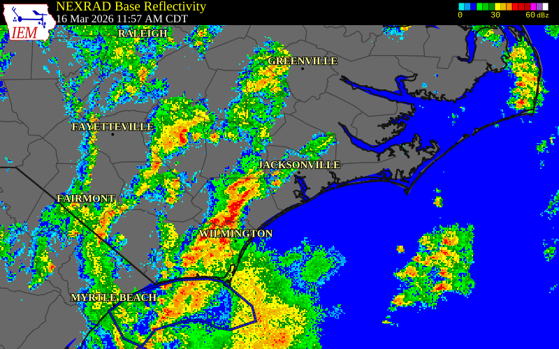 NEXRAD radar during the Monday, March 16, 2026 storm activity in Jones County, North Carolina