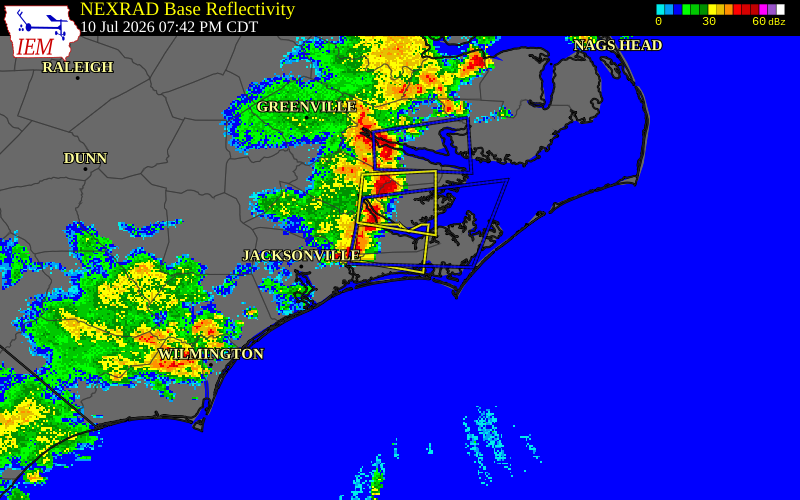 NEXRAD radar during the Friday, July 10, 2026 storm activity in Jones County, North Carolina