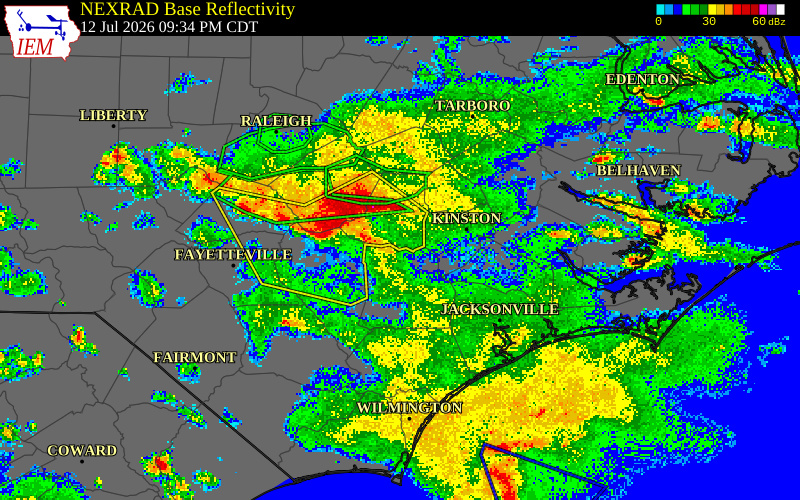 NEXRAD radar during the Sunday, July 12, 2026 storm activity in Jones County, North Carolina