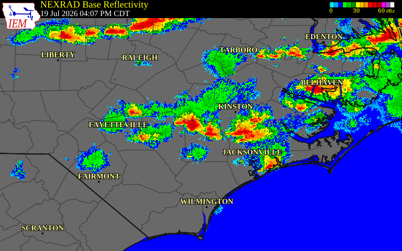 NEXRAD radar during the Sunday, July 19, 2026 storm activity in Jones County, North Carolina