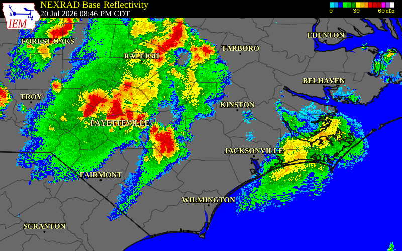 NEXRAD radar during the Monday, July 20, 2026 storm activity in Jones County, North Carolina