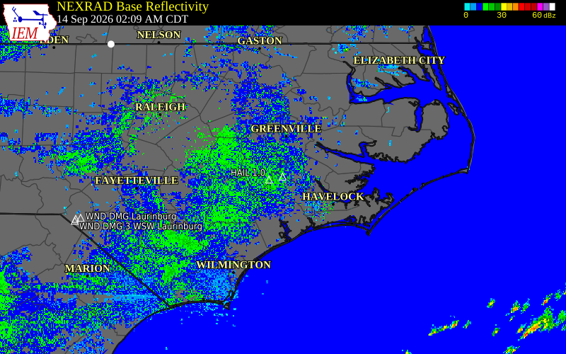 Current NEXRAD radar over Jones County, North Carolina with recent storm report locations