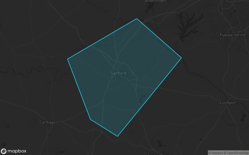 Map of Lee County, North Carolina showing the county boundary and surrounding cities