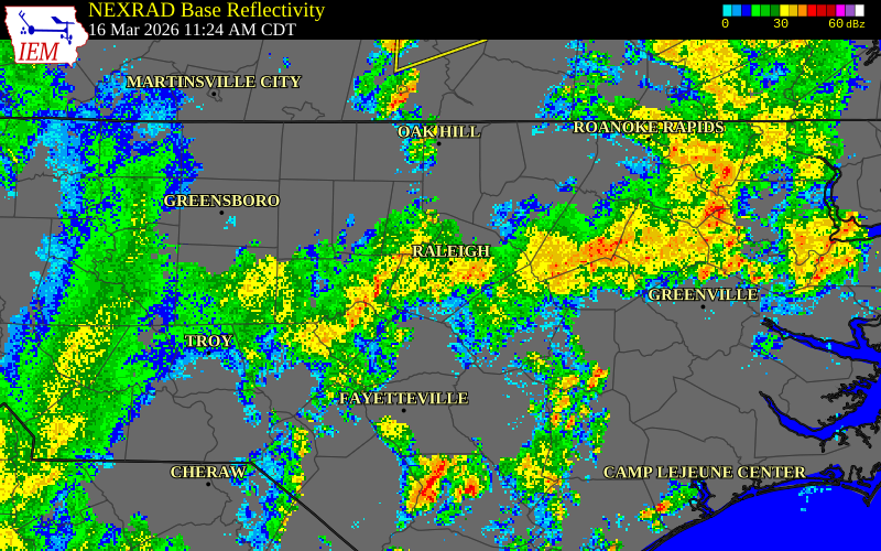 NEXRAD radar during the Monday, March 16, 2026 storm activity in Lee County, North Carolina