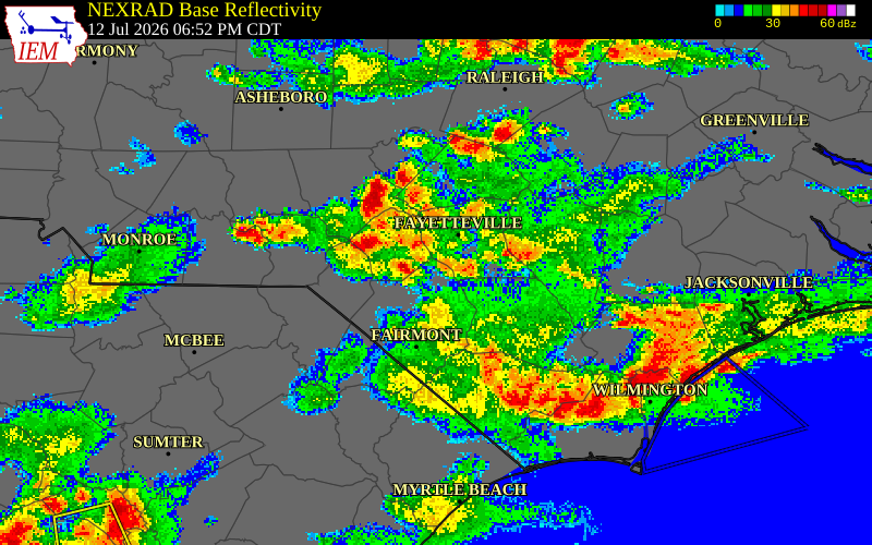 NEXRAD radar during the Sunday, July 12, 2026 storm activity in Lee County, North Carolina