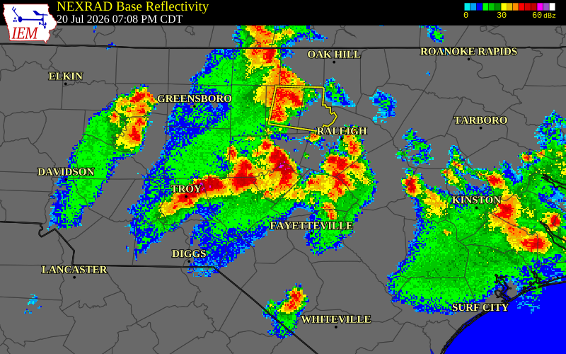 NEXRAD radar during the Monday, July 20, 2026 storm activity in Lee County, North Carolina