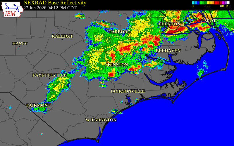 NEXRAD radar during the Saturday, June 27, 2026 storm activity in Lenoir County, North Carolina
