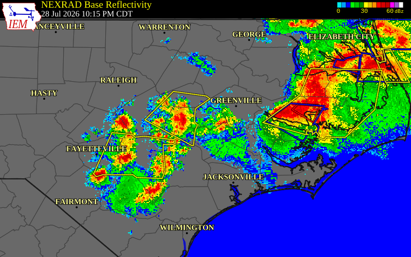 NEXRAD radar during the Tuesday, July 28, 2026 storm activity in Lenoir County, North Carolina