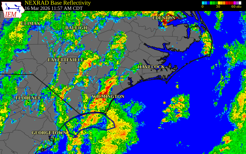 Radar snapshot during the Mar 16, 2026 wind event near Lenoir County, Lenoir County, North Carolina, with NWS warning polygons
