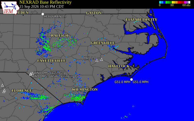 Current NEXRAD radar over Lenoir County, North Carolina with recent storm report locations