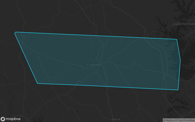 Map of Lincoln County, North Carolina showing the county boundary and surrounding cities