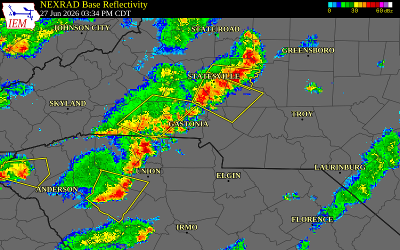 NEXRAD radar during the Saturday, June 27, 2026 storm activity in Lincoln County, North Carolina