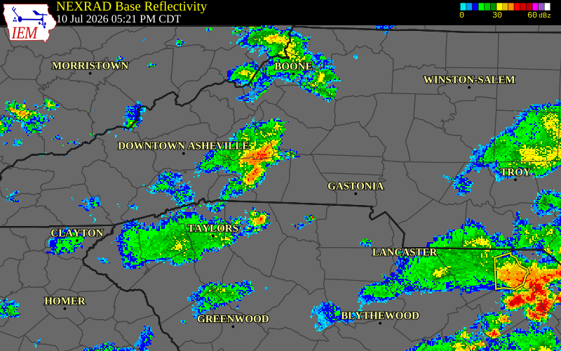 NEXRAD radar during the Friday, July 10, 2026 storm activity in Lincoln County, North Carolina