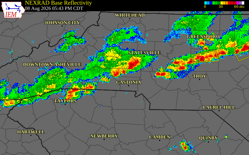 NEXRAD radar during the Saturday, August 8, 2026 storm activity in Lincoln County, North Carolina
